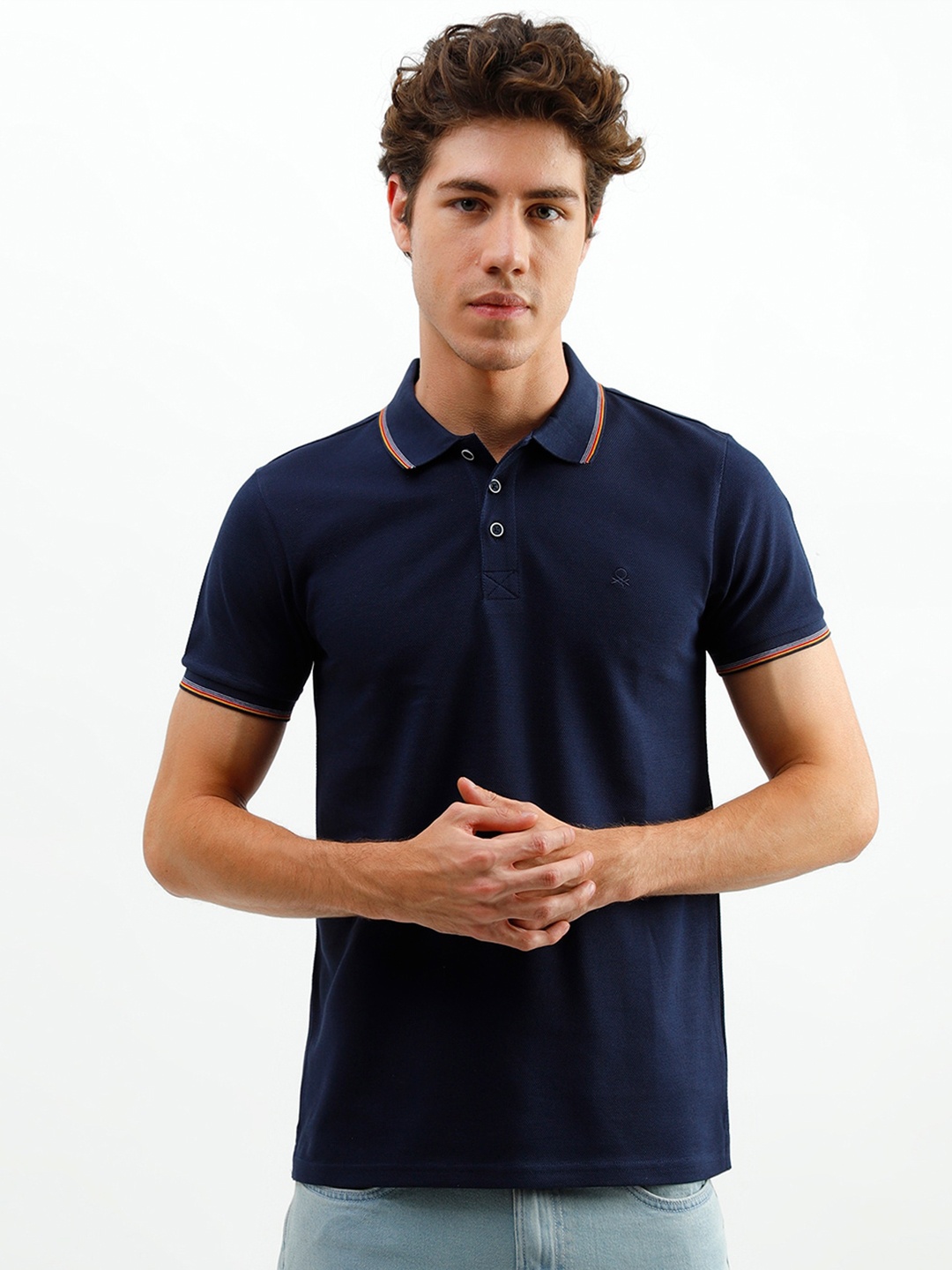 

United Colors of Benetton Men Navy Blue Polo Collar T-shirt