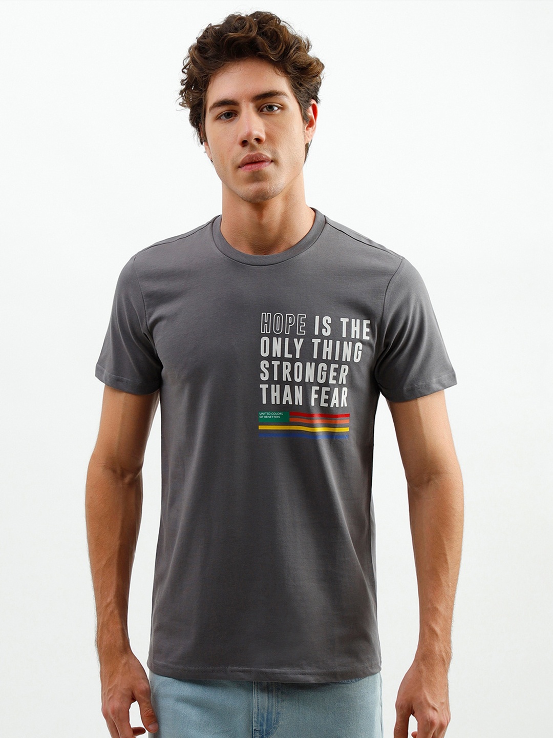 

United Colors of Benetton Men Grey Typography Printed T-shirt