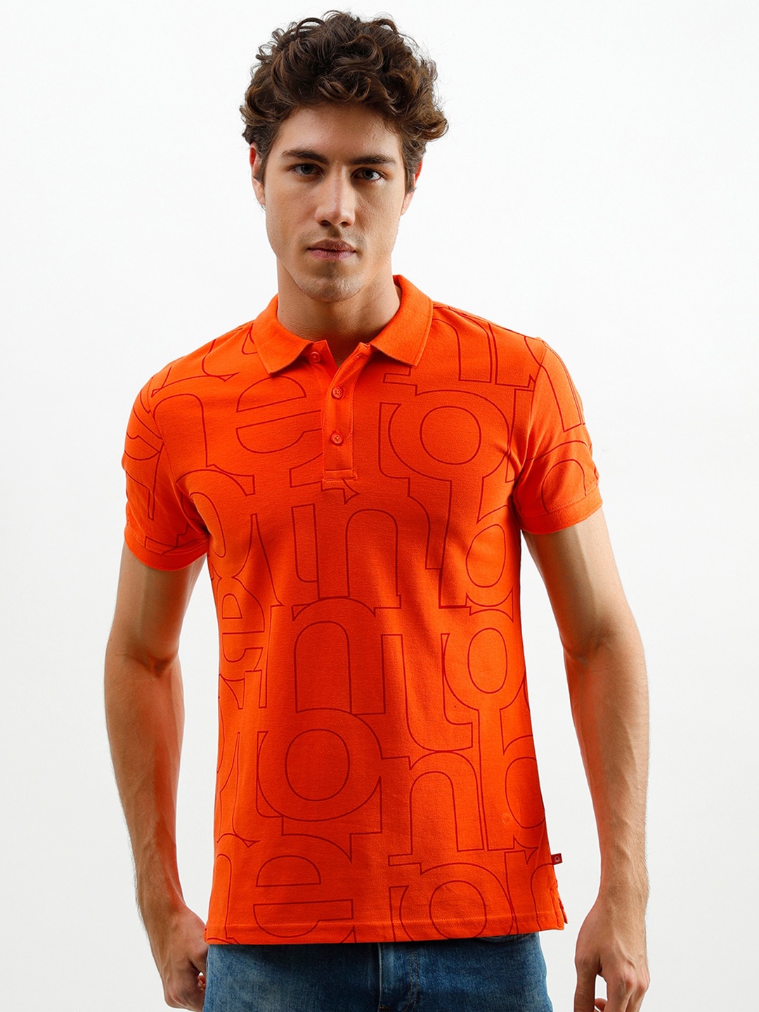 

United Colors of Benetton Men Orange Printed Polo Collar Cotton T-shirt