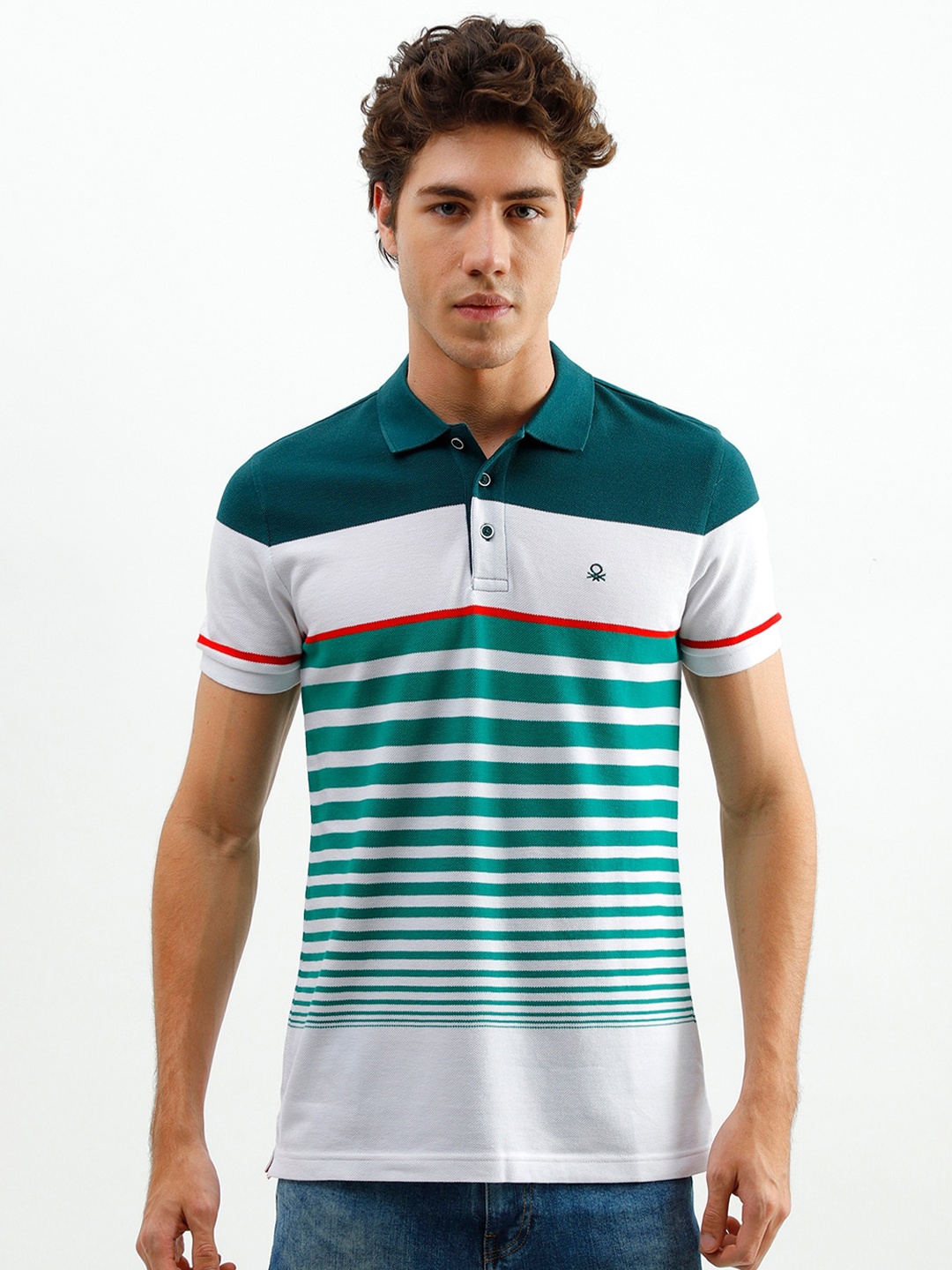 

United Colors of Benetton Men Green Striped Polo Collar Cotton T-shirt