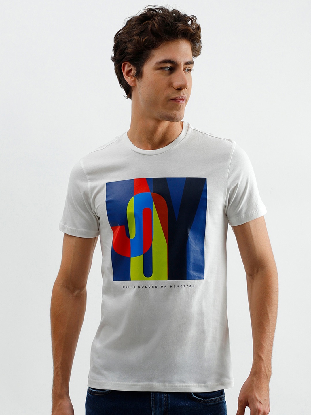 United Colors of Benetton Men Off White Printed T-shirt