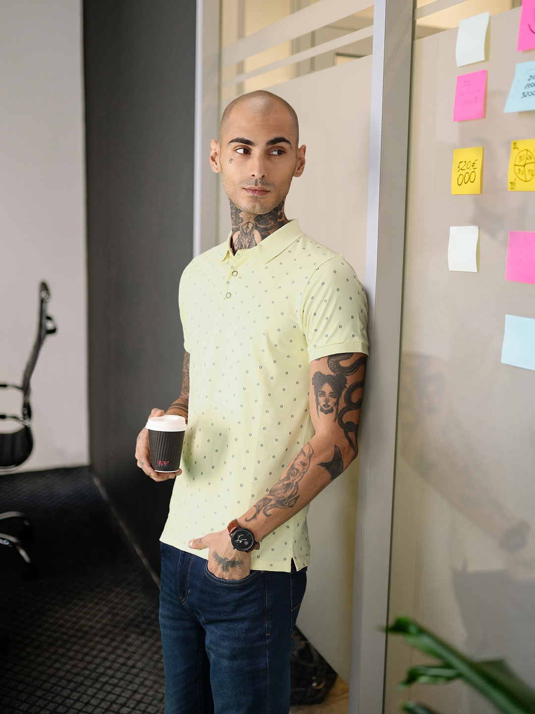 

United Colors of Benetton Men Yellow Printed Polo Collar T-shirt