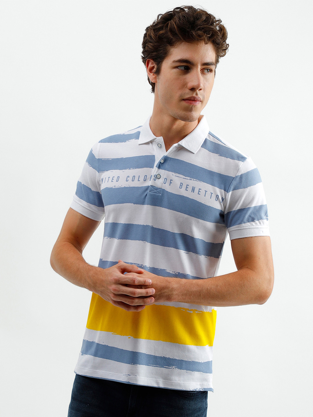 

United Colors of Benetton Men White Striped Polo Collar Applique T-shirt