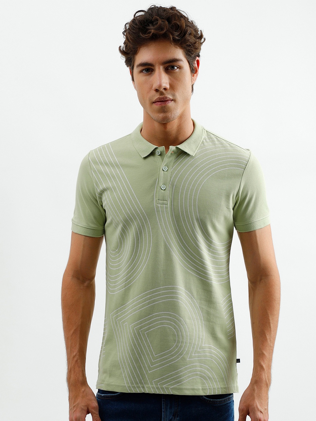 

United Colors of Benetton Men Sage Green Printed Polo Collar T-shirt