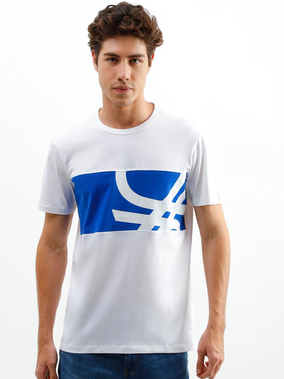 

United Colors of Benetton Men White & Blue Brand Logo Printed T-shirt