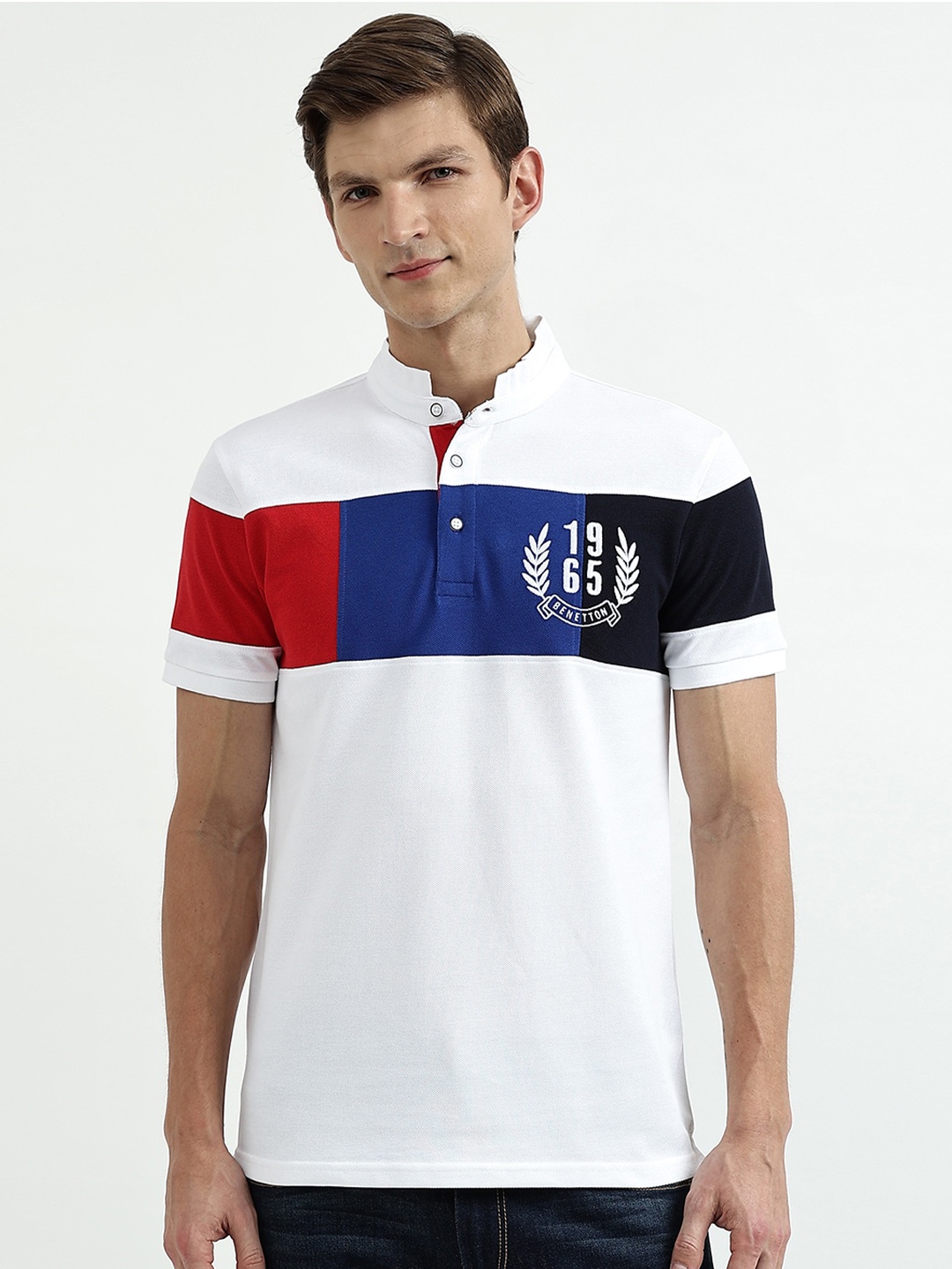

United Colors of Benetton Men White Colourblocked High Neck Cotton T-shirt