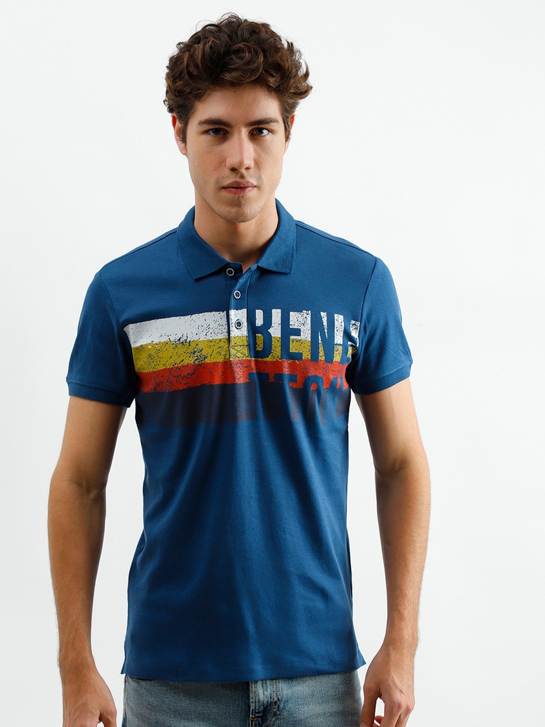 

United Colors of Benetton Men Blue & White Typography Printed Polo Collar T-shirt