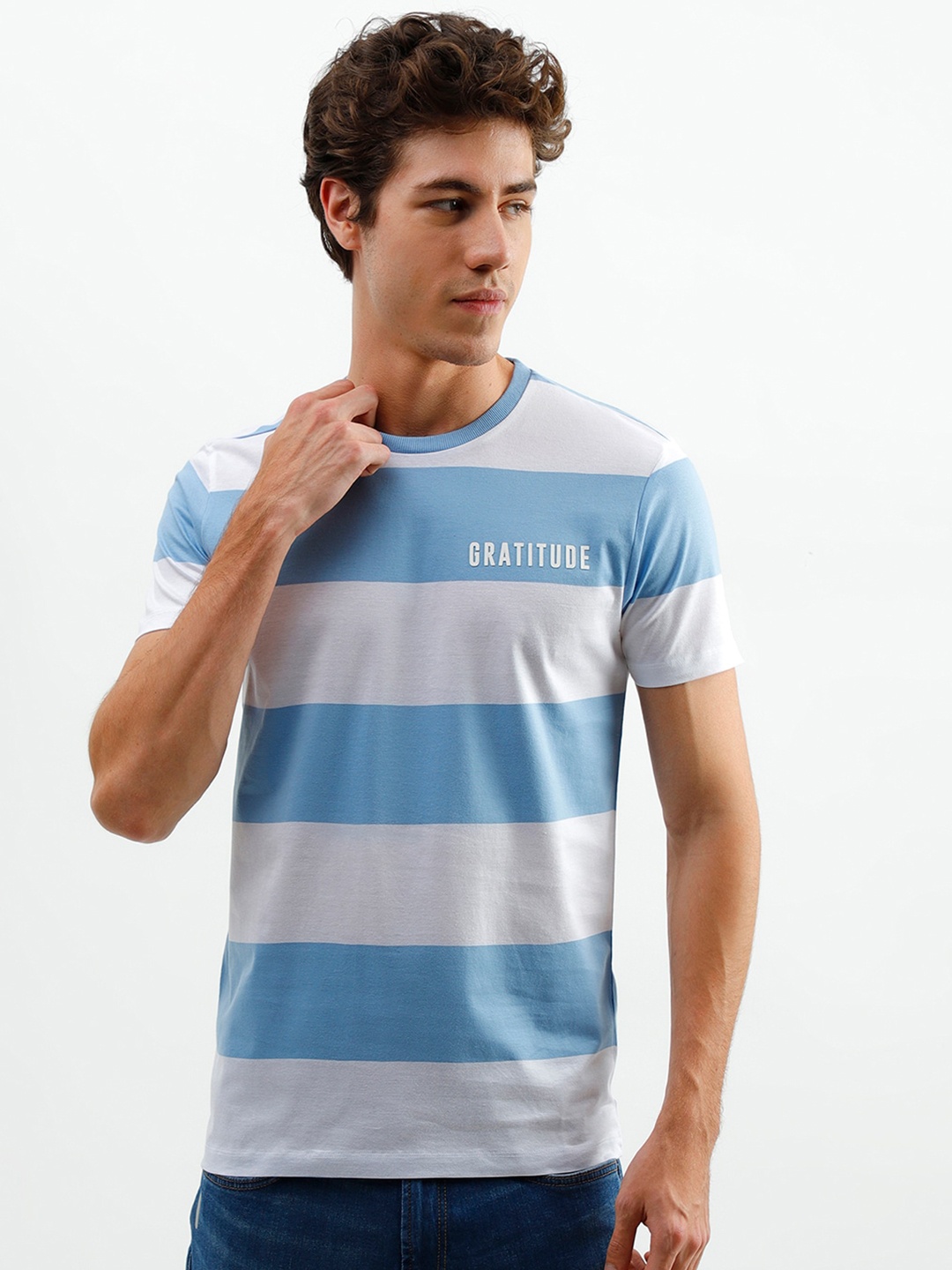 United Colors of Benetton Men Blue & White Striped Cotton T-shirt