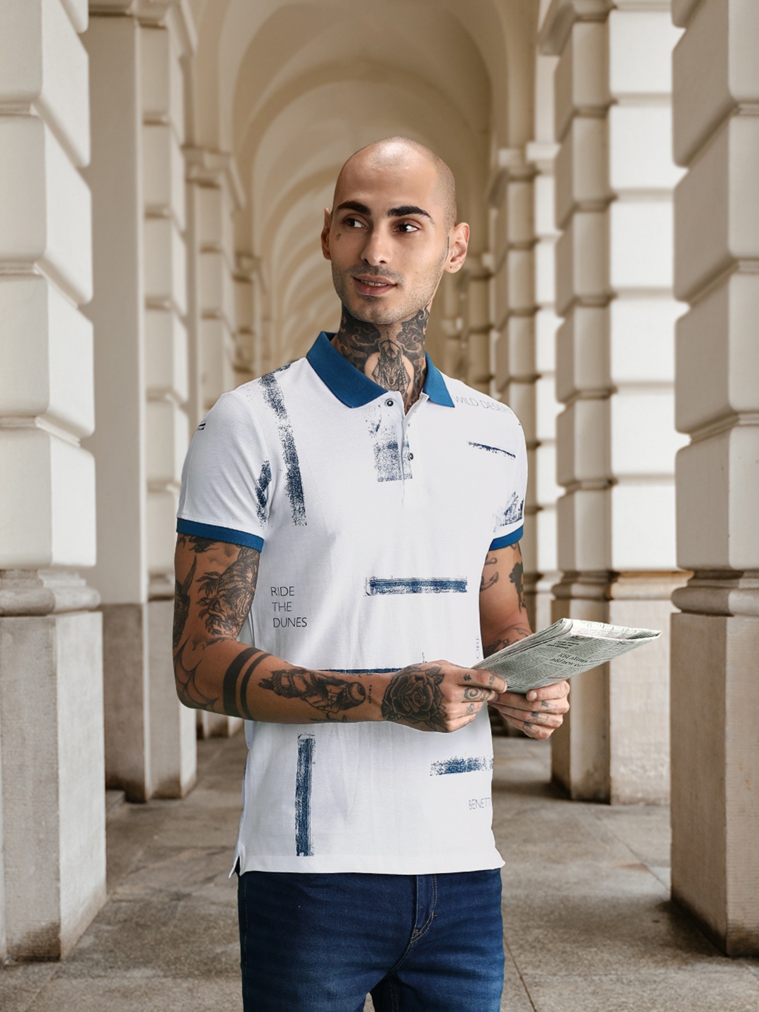 United Colors of Benetton Men White Printed Polo Collar T-shirt