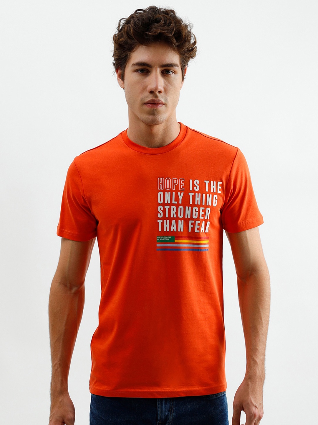 

United Colors of Benetton Men Orange Typography Printed Cotton T-shirt