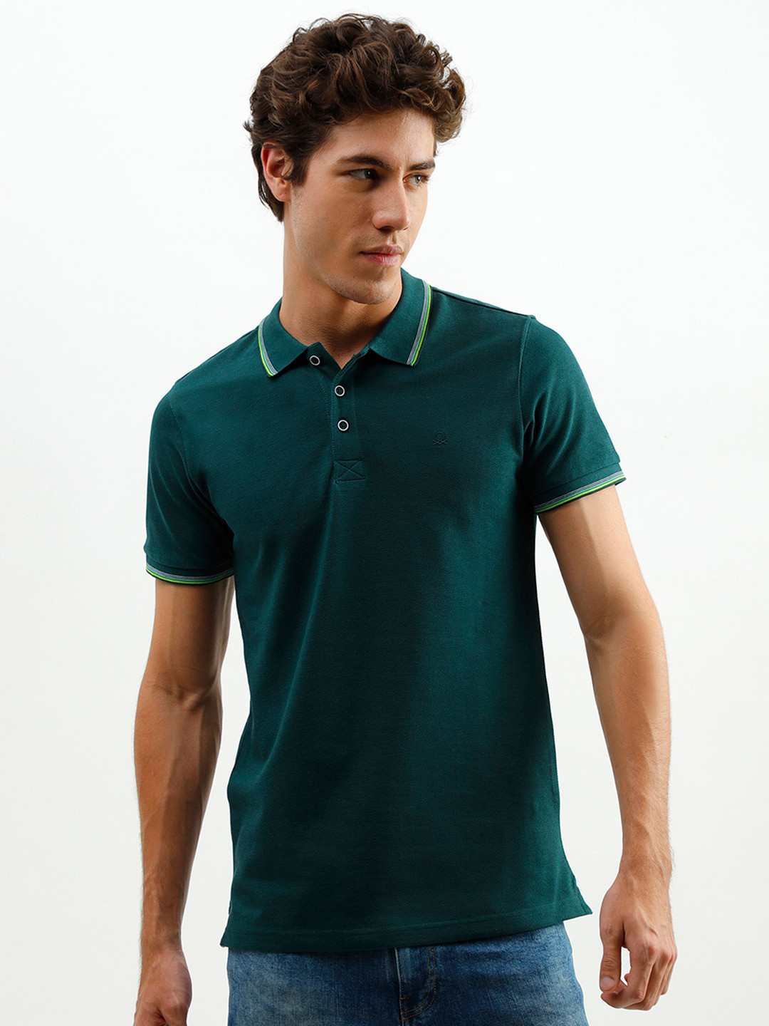 

United Colors of Benetton Men Teal Green Polo Collar T-shirt