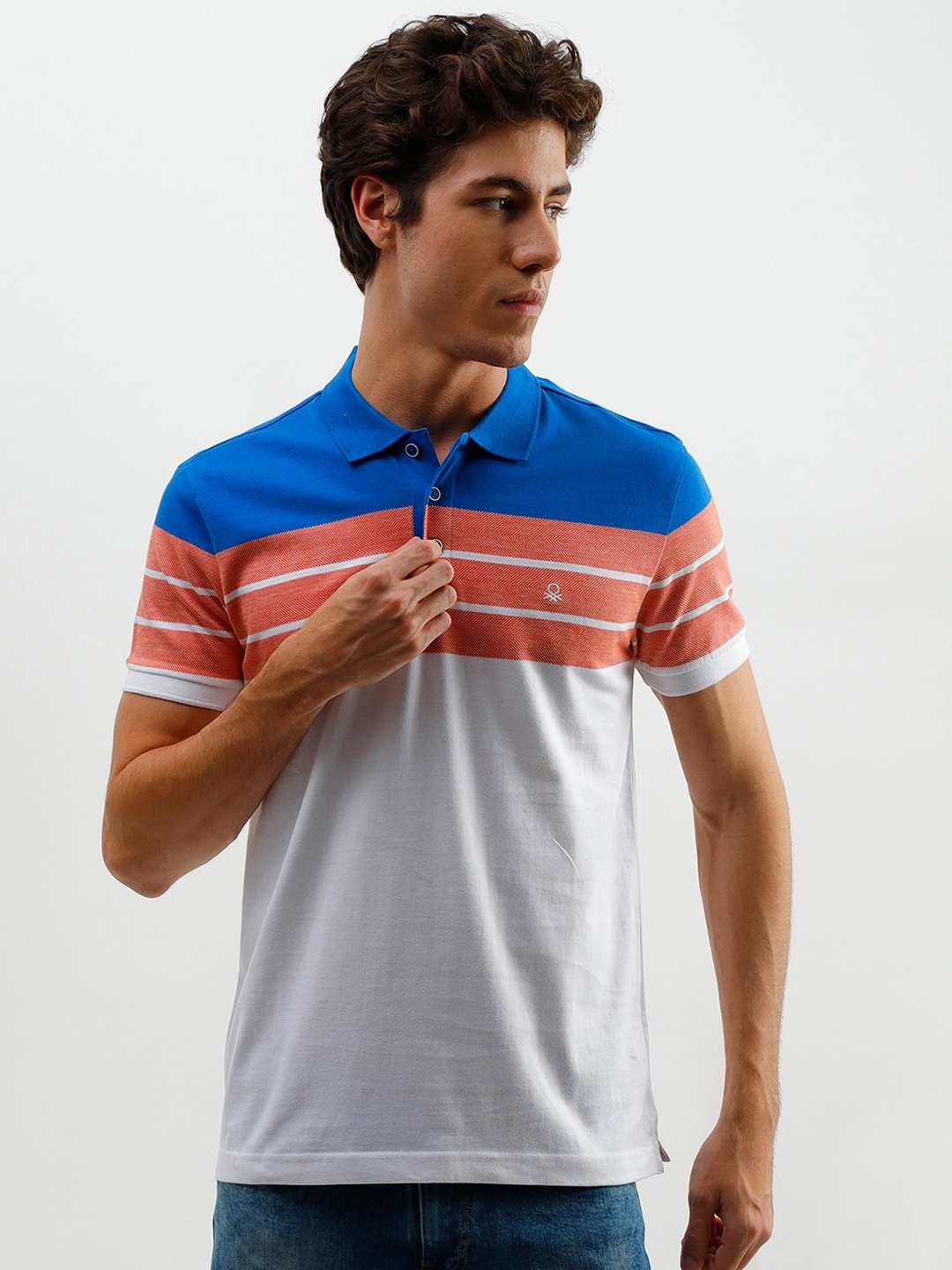 United Colors of Benetton Men White Striped Polo Collar Cotton T-shirt