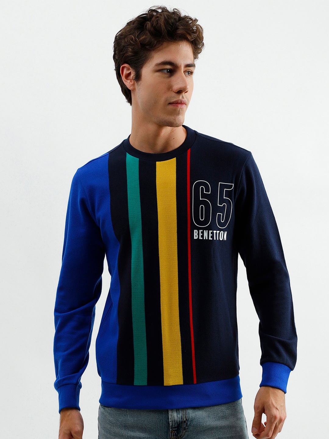 

United Colors of Benetton Men Blue Typography Striped Cotton T-shirt