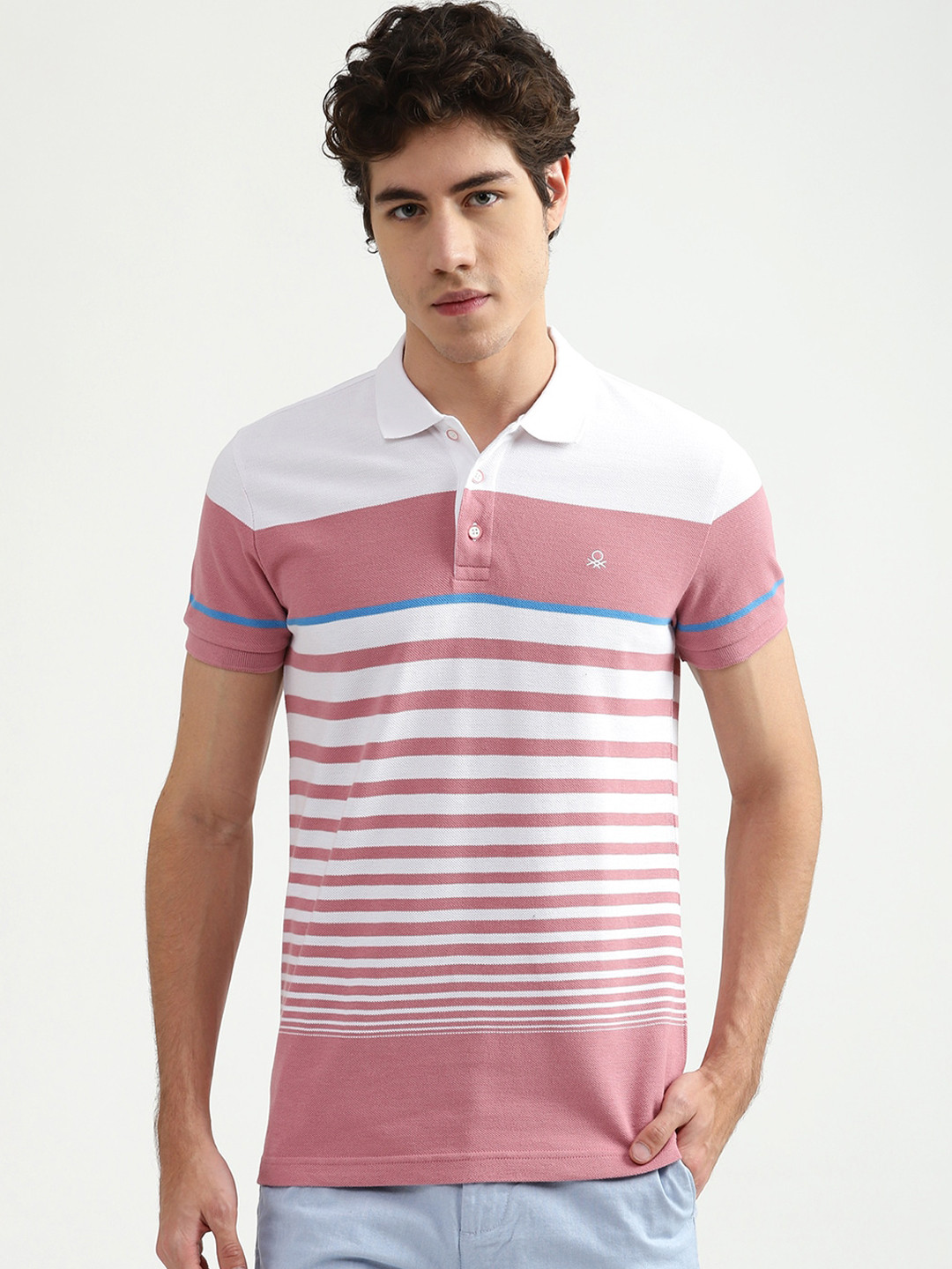 

United Colors of Benetton Men Pink & White Striped Cotton Polo Collar T-shirt
