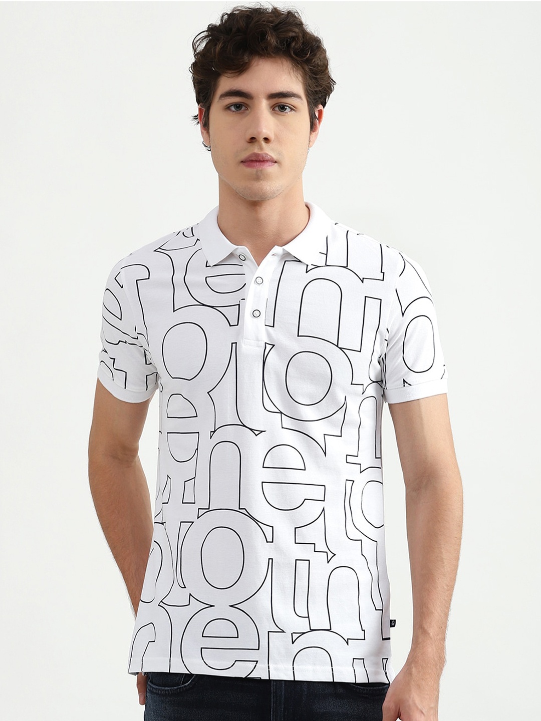 

United Colors of Benetton Men White Typography Printed Polo Collar T-shirt