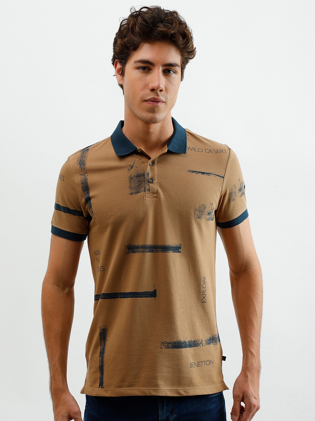 

United Colors of Benetton Men Brown & Teal Striped Polo Collar Cotton T-shirt
