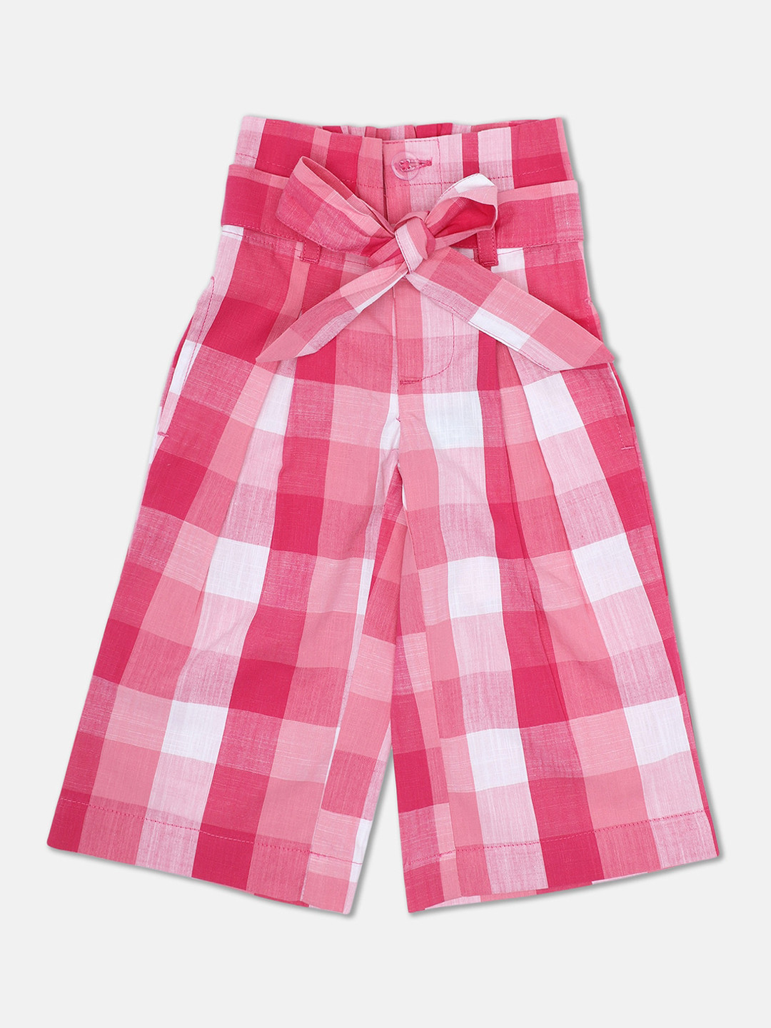 

United Colors of Benetton Girls Pink Checked High-Rise Cotton Crop Jeans