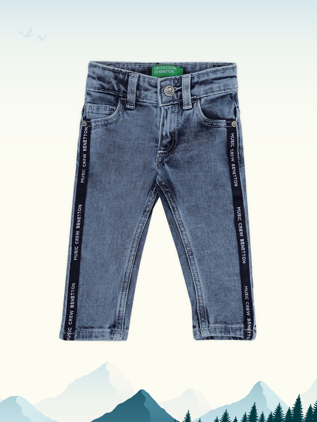 United Colors of Benetton Boys Blue Regular Fit Low-Rise Acid Wash Stretchable Jeans