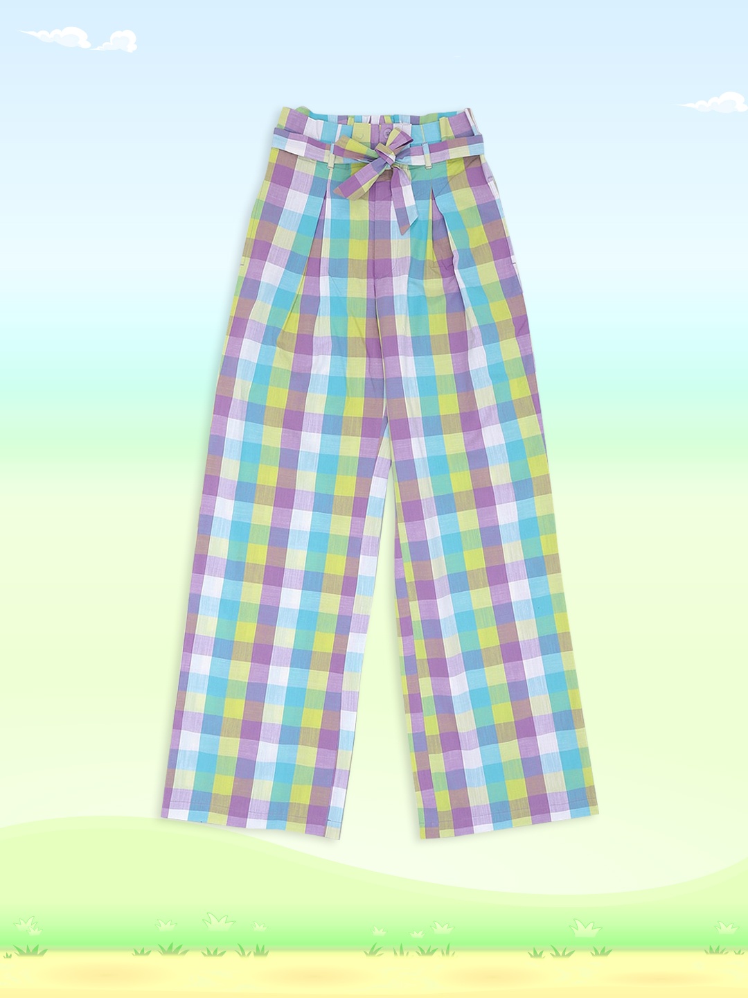 

United Colors of Benetton Girls Green & Purple Checked Regular Trousers