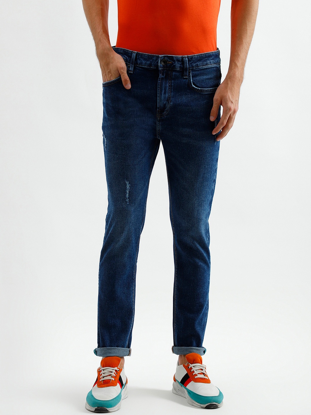 

United Colors of Benetton Men Blue Low Distress Light Fade Cotton Jeans