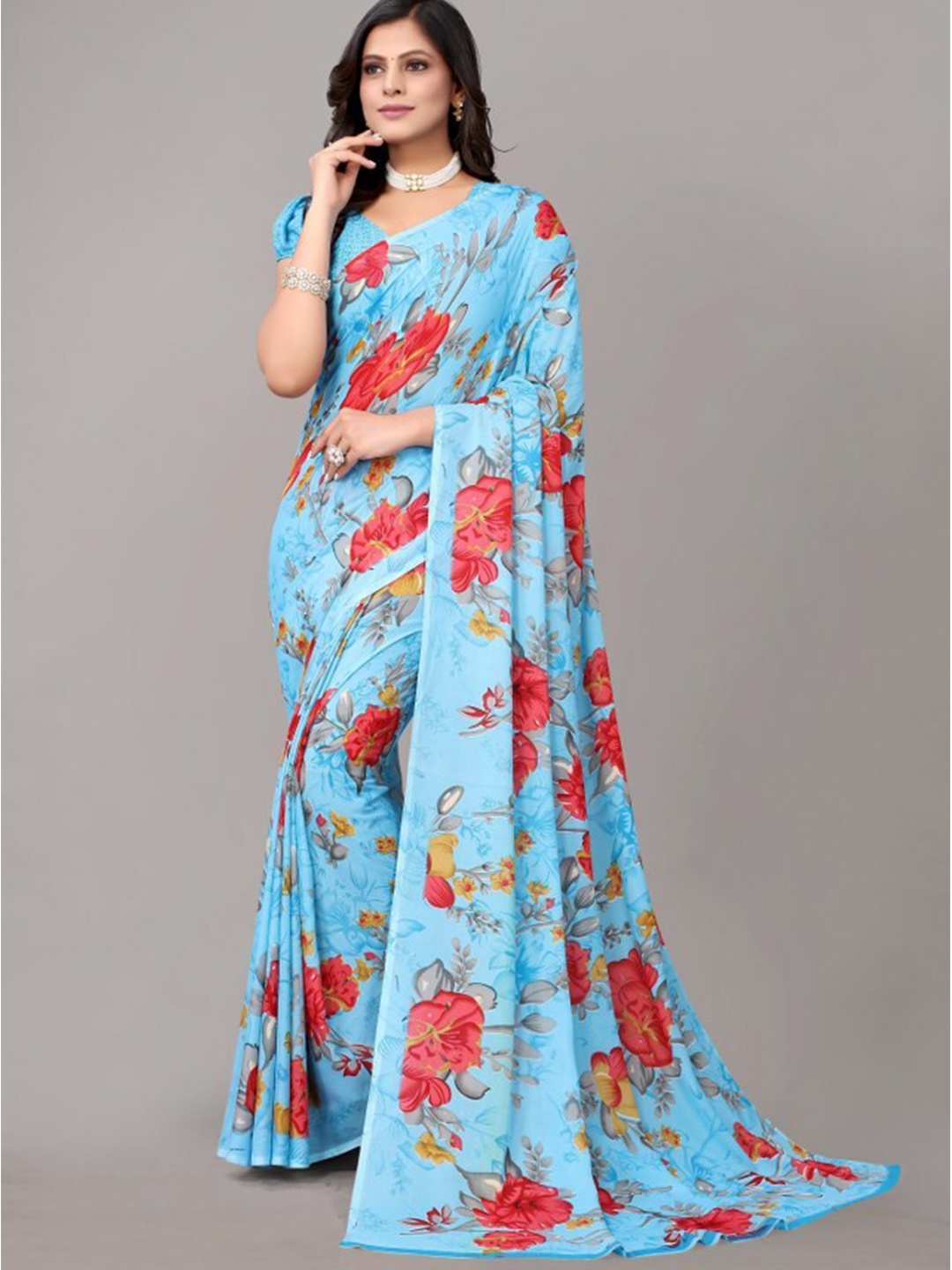 

Yashika Turquoise Blue & Red Floral Printed Saree