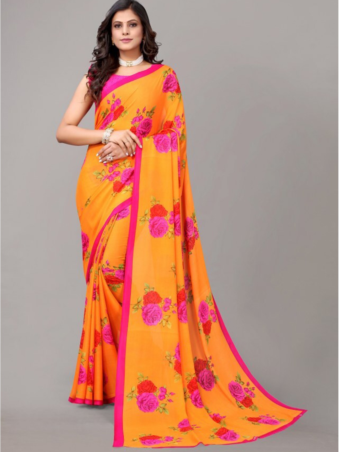 

Yashika Orange & Pink Floral Printed Saree