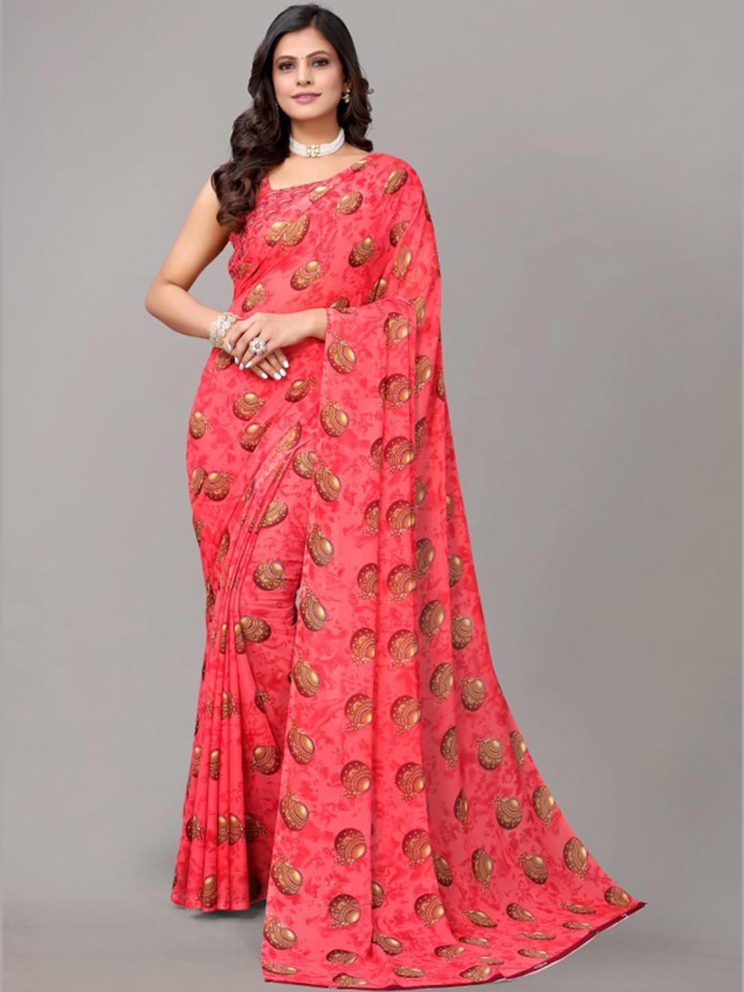

Yashika Pink & Brown Printed Georgette Saree