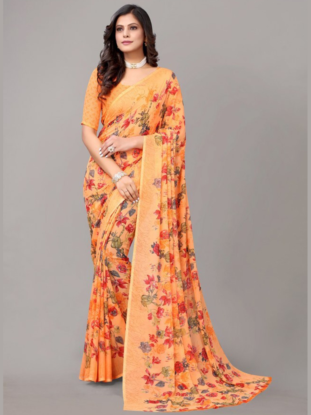 

Yashika Orange & Red Floral Printed Georgette Saree