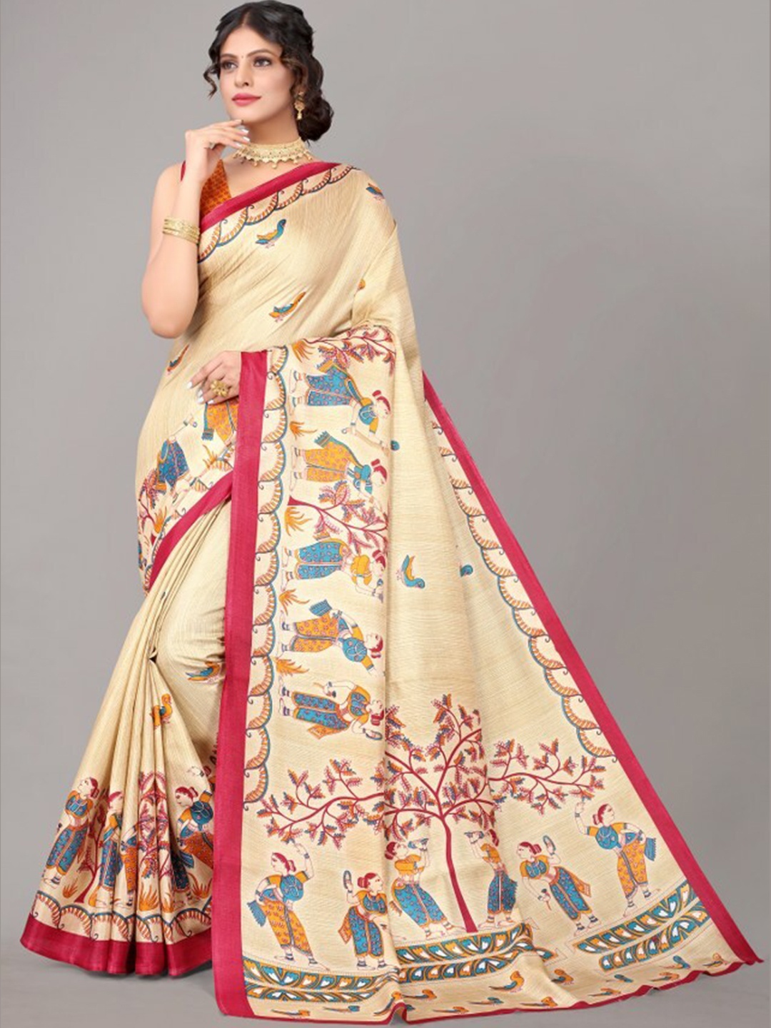 

Yashika Red & Cream-Coloured Ethnic Motifs Art Silk Saree