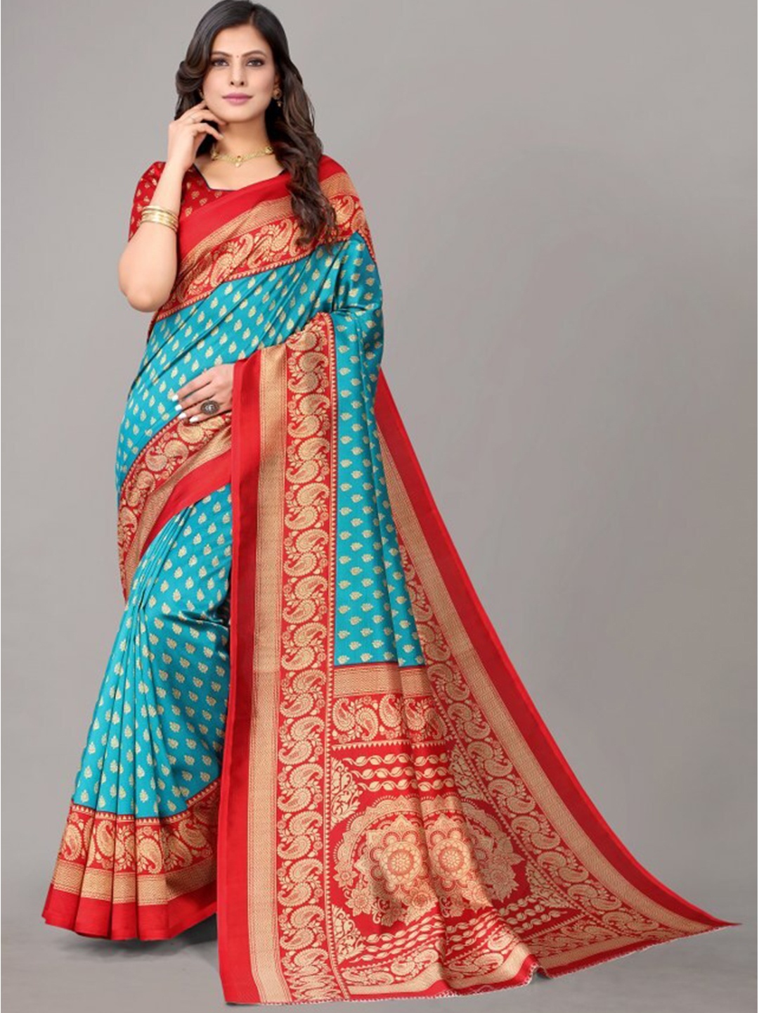 

Yashika Teal & Red Ethnic Motifs Printed Art Silk Saree