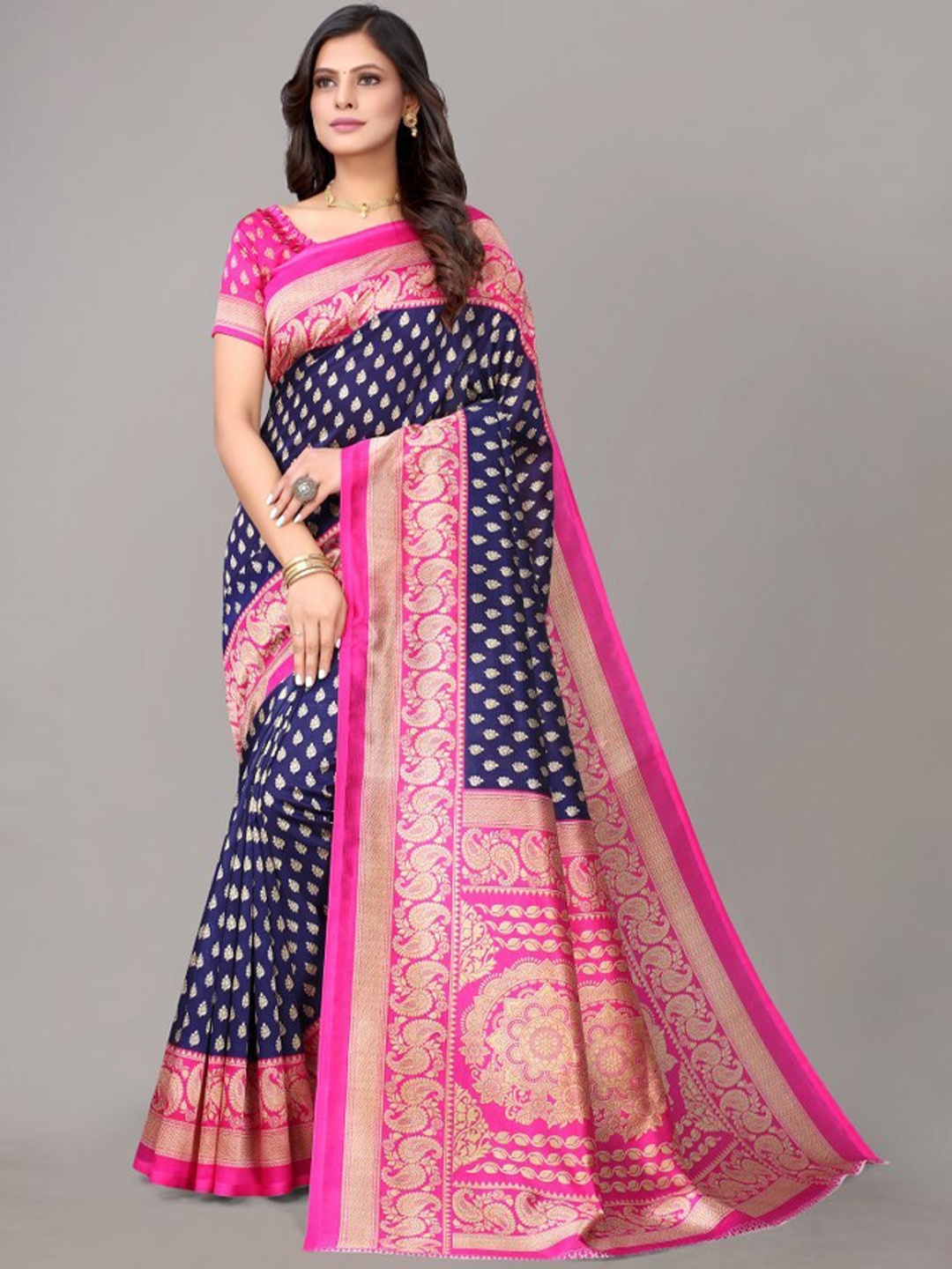 

Yashika Navy Blue & Pink Ethnic Motifs Printed Art Silk Saree