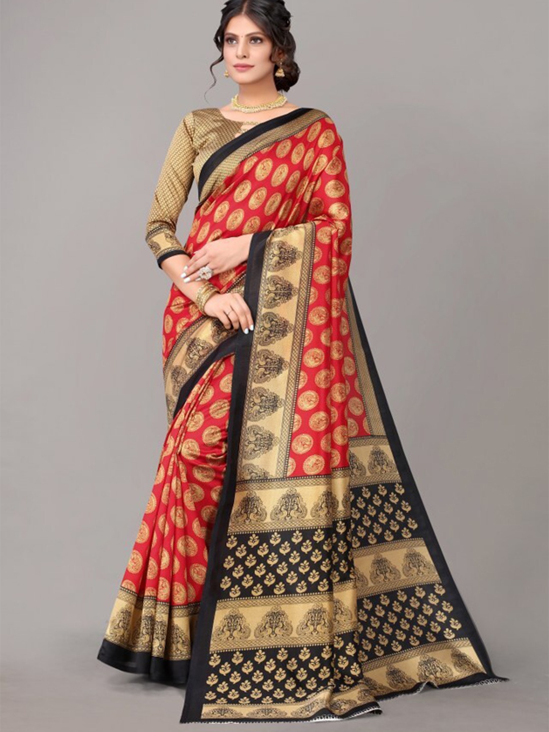 

Yashika Red & Black Ethnic Motifs Art Silk Saree