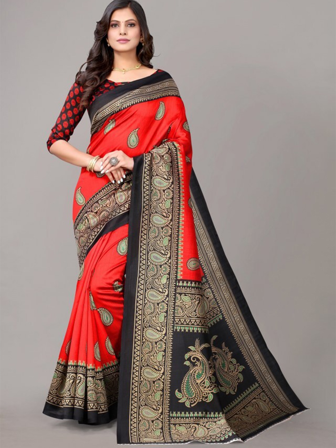 

Yashika Red & Black Ethnic Motifs Art Silk Khadi Saree