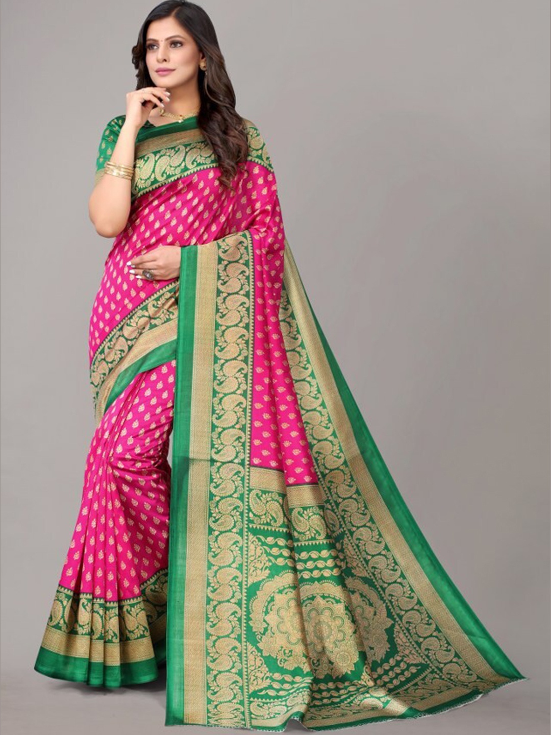 

Yashika Pink & Green Ethnic Motifs Art Silk Khadi Saree
