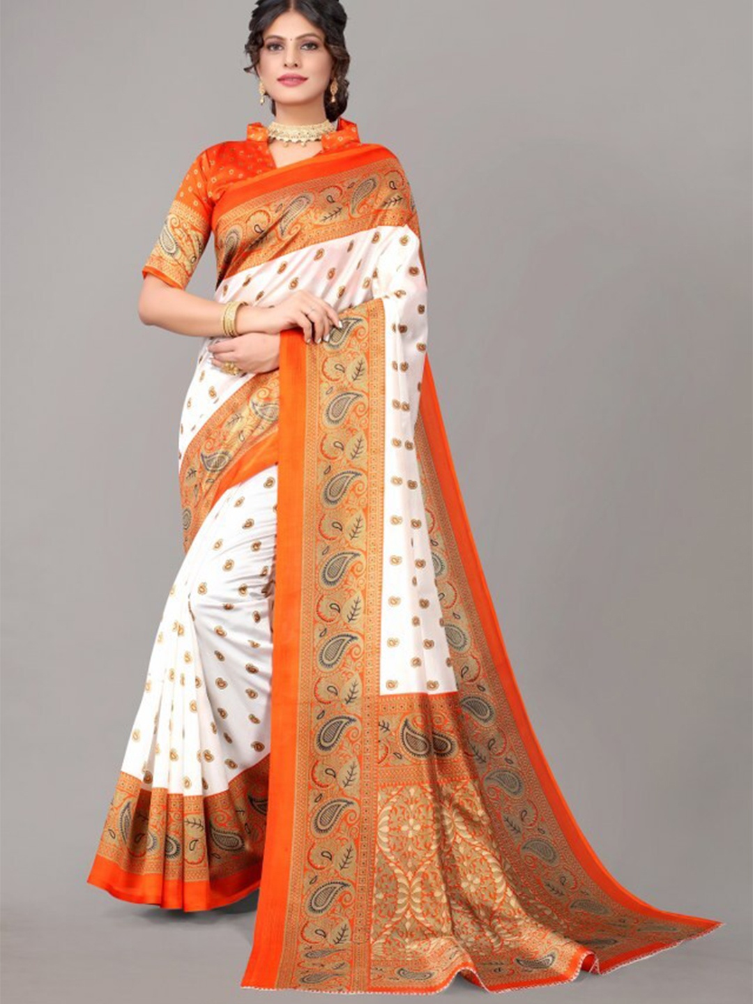 

Yashika Orange & White Ethnic Motifs Art Silk Saree