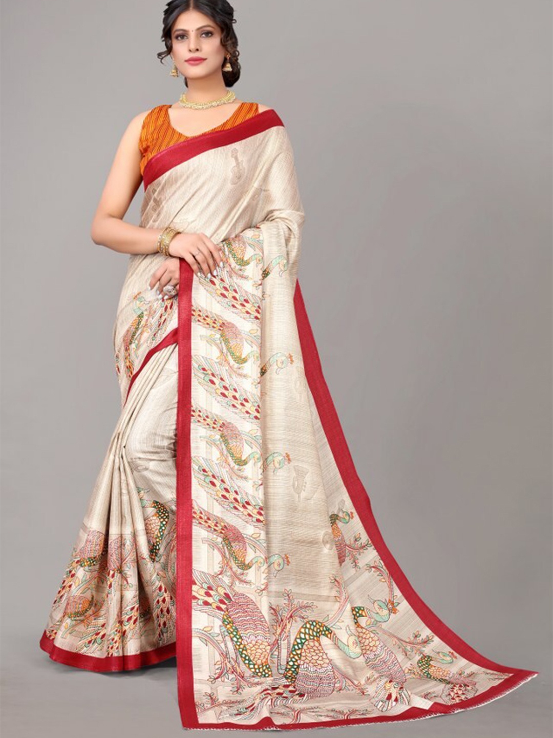 

Yashika Red & Off White Ethnic Motifs Art Silk Khadi Saree