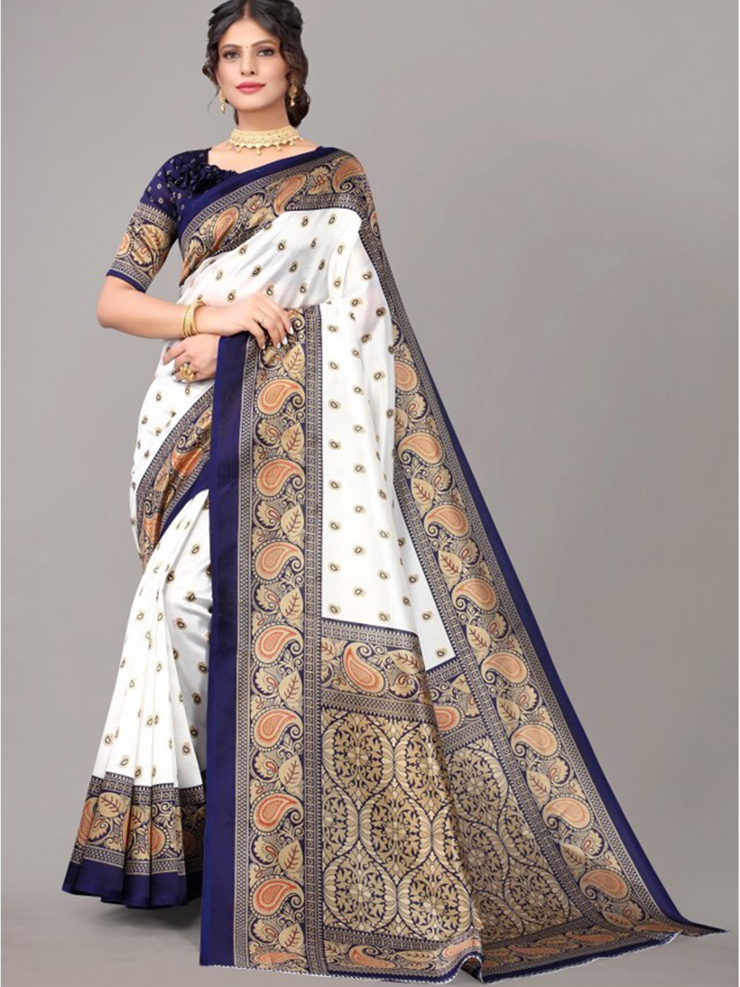 

Yashika Navy Blue & White Paisley Printed Art Silk Saree