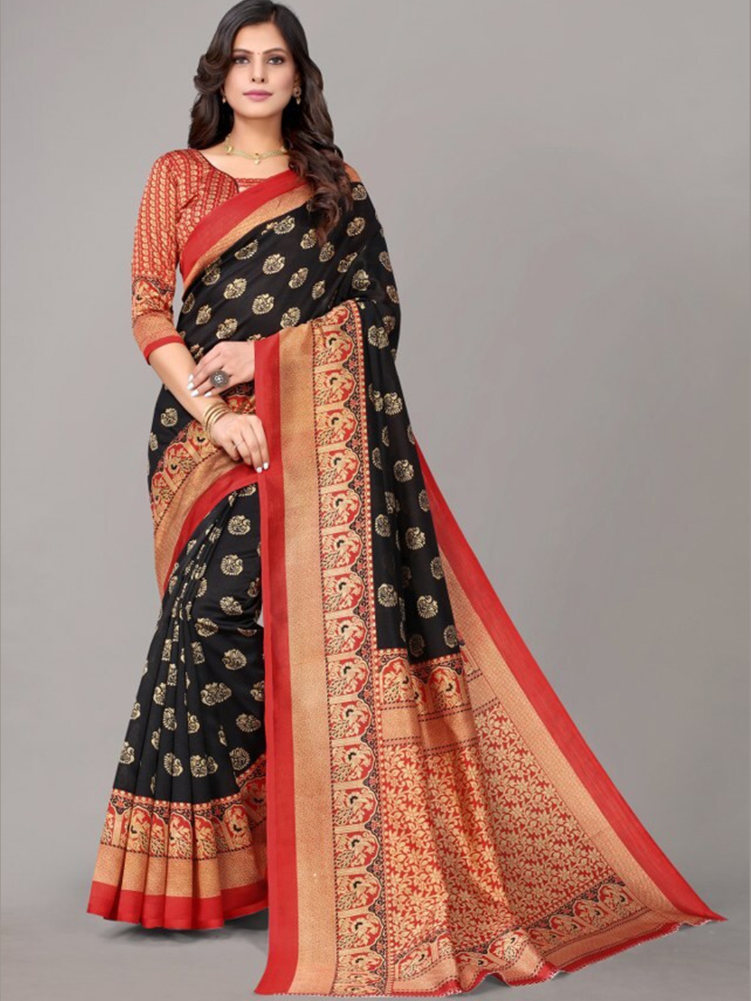 

Yashika Black & Red Ethnic Motifs Art Silk Khadi Saree