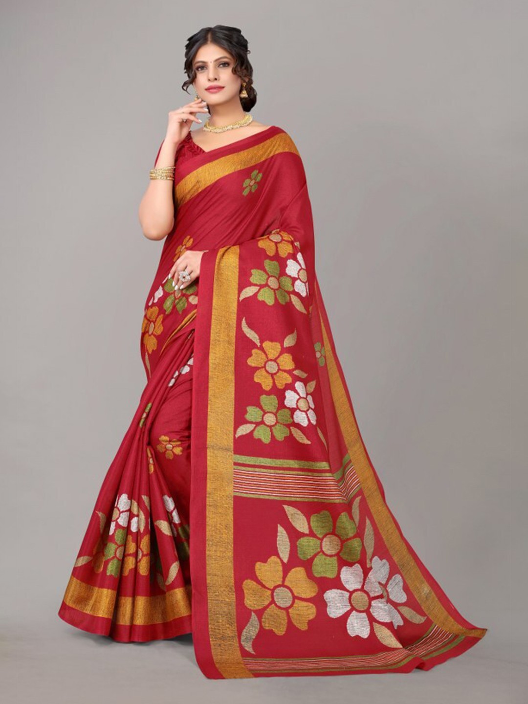 

Yashika Red & Green Floral Printed Art Silk Saree