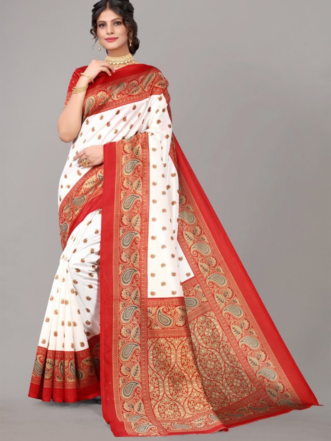 

Yashika Red & White Ethnic Motifs Art Silk Khadi Saree