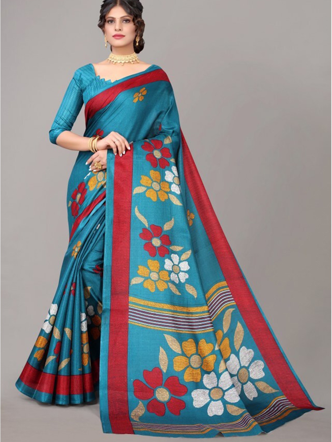 

Yashika Teal & Red Floral Art Silk Saree