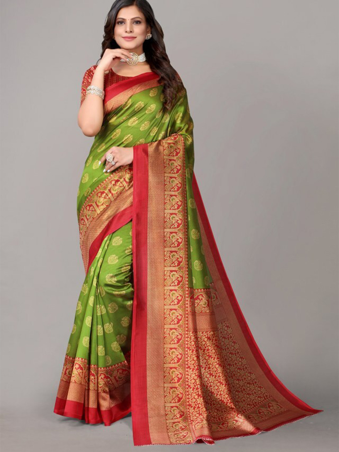 

Yashika Green & Red Ethnic Motifs Printed Art Silk Saree