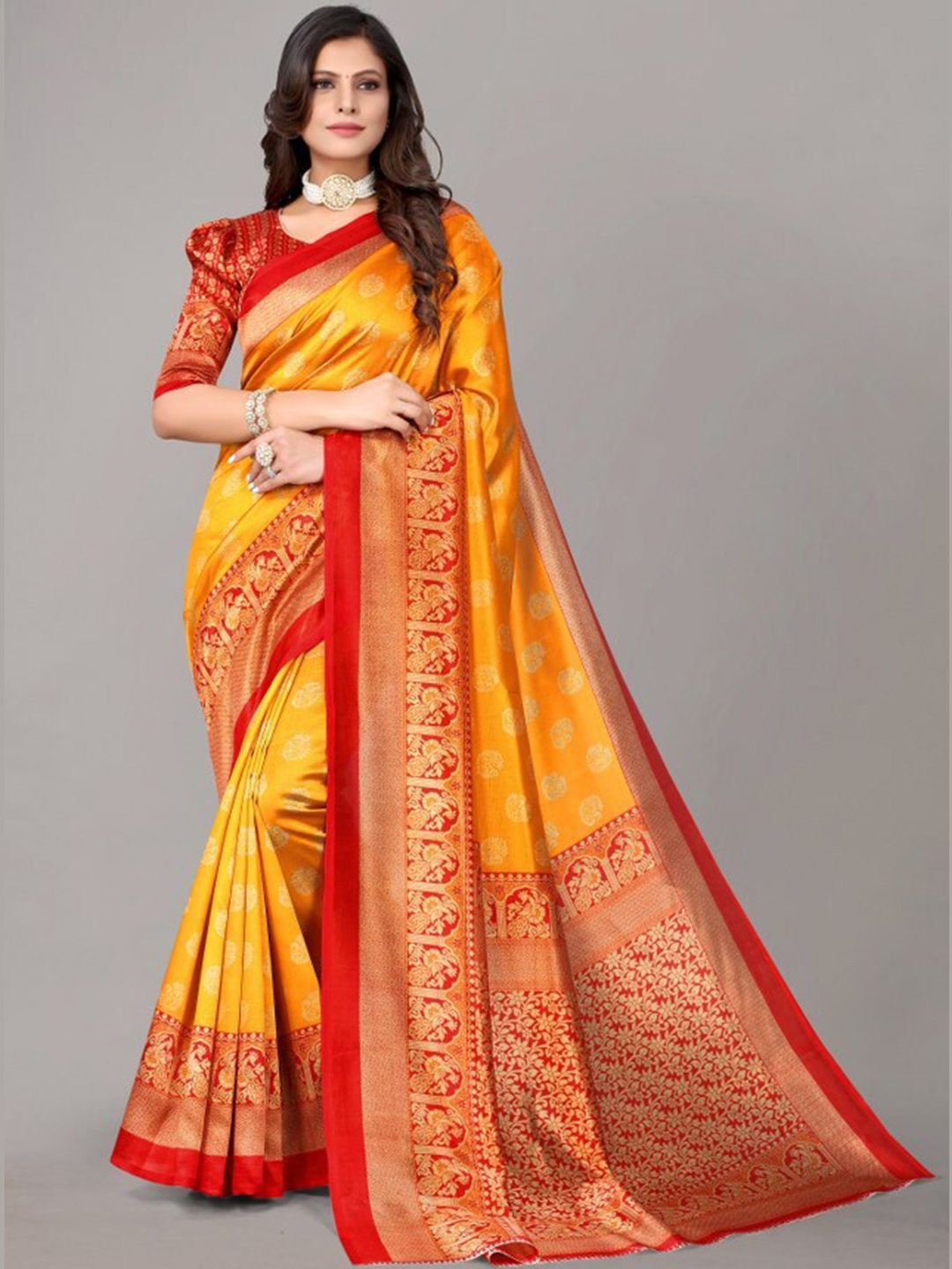 

Yashika Mustard & Maroon Ethnic Motifs Art Silk Saree