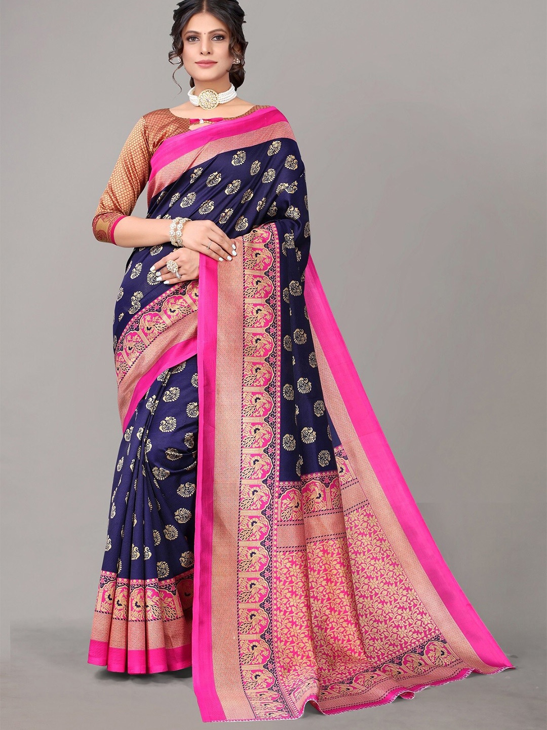 

Yashika Navy Blue & Pink Ethnic Motifs Art Silk Khadi Saree