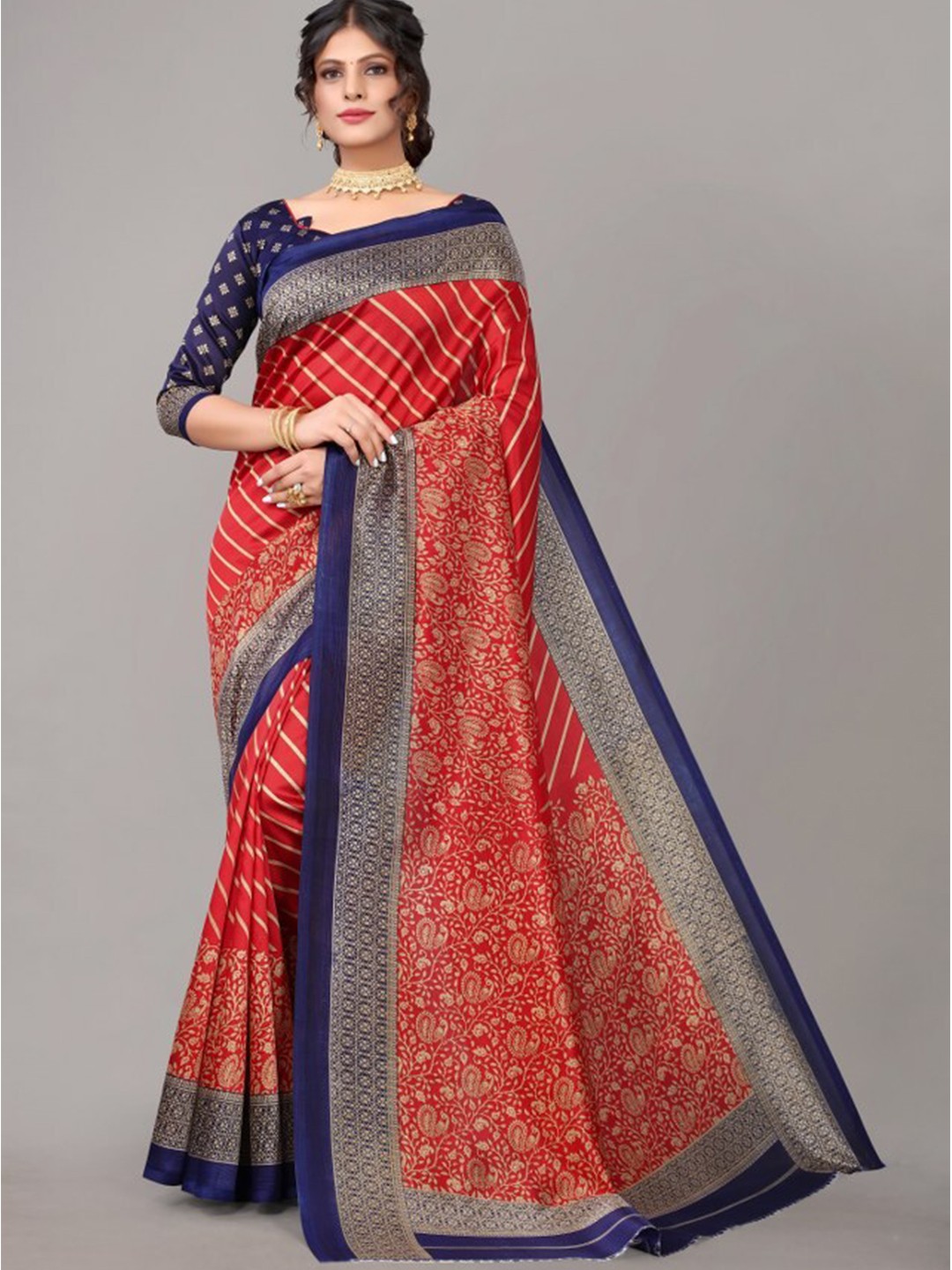

Yashika Red & Blue Ethnic Motifs Printed Art Silk Saree