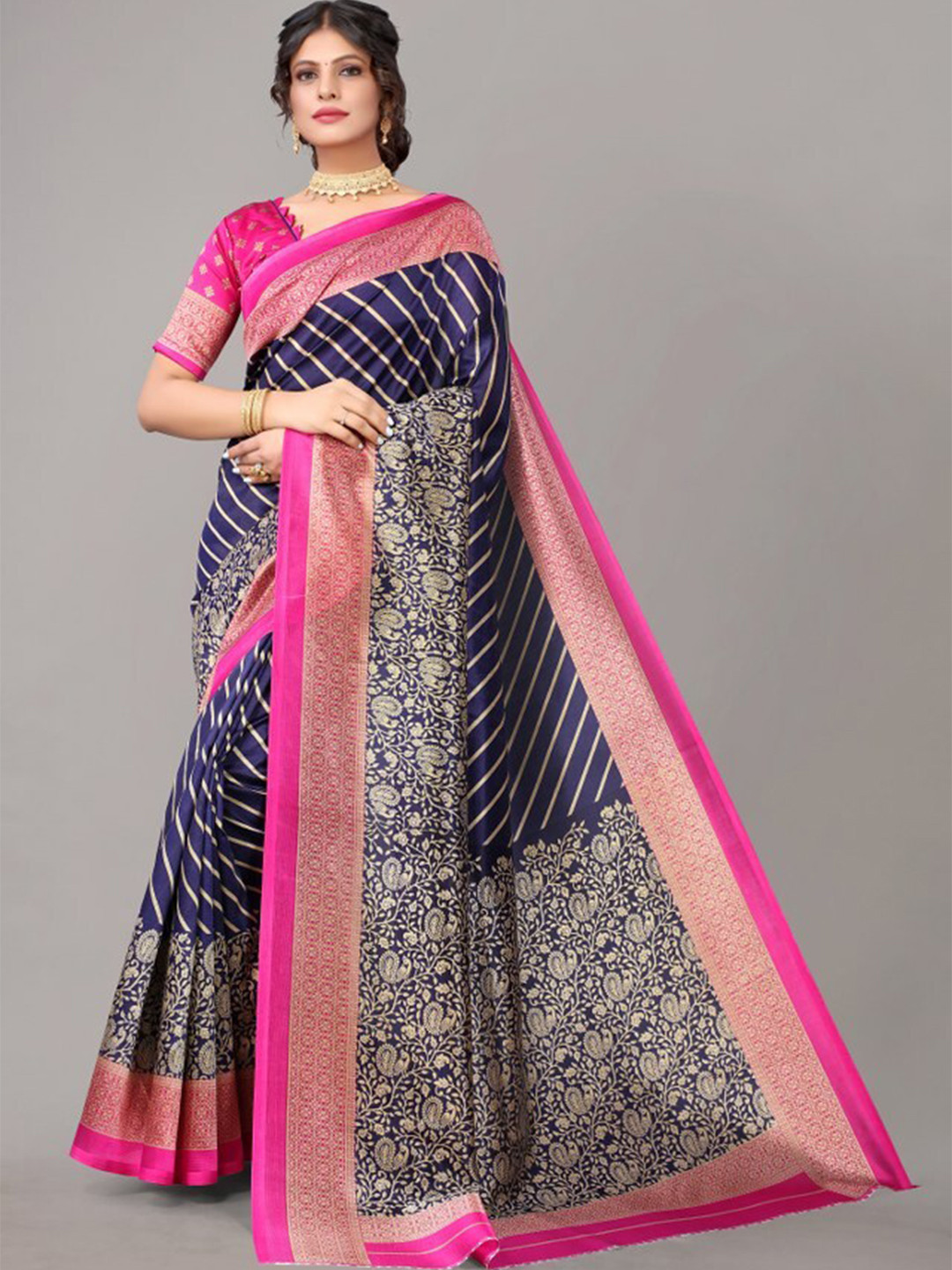

Yashika Navy Blue & Pink Ethnic Motifs Art Silk Khadi Saree
