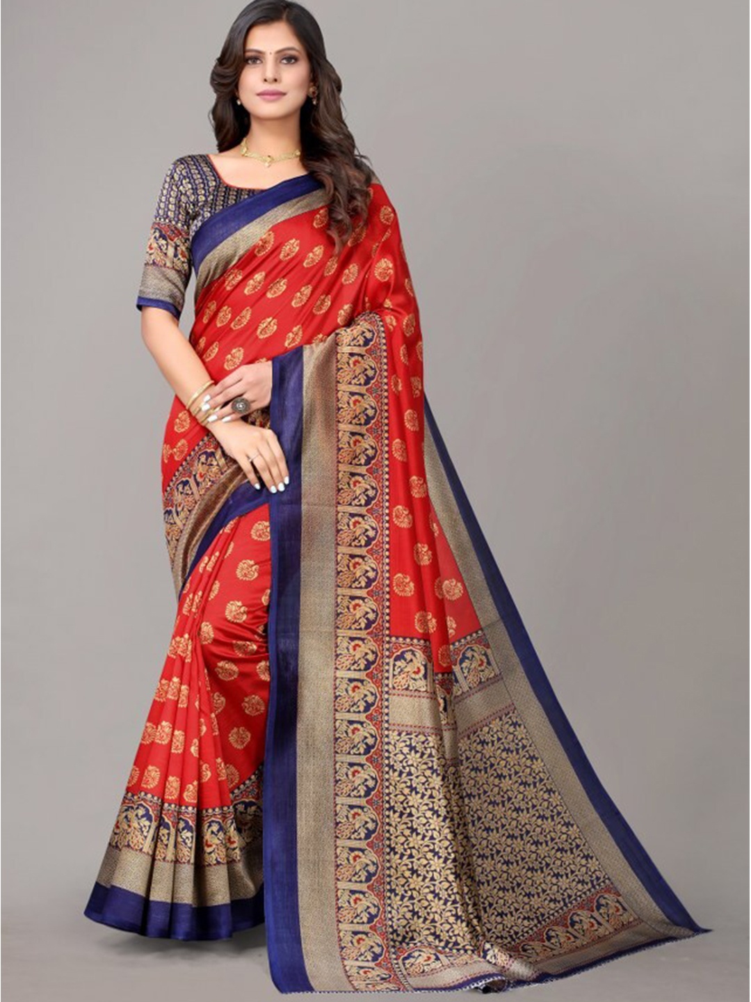 

Yashika Red & Blue Ethnic Motifs Printed Art Silk Saree