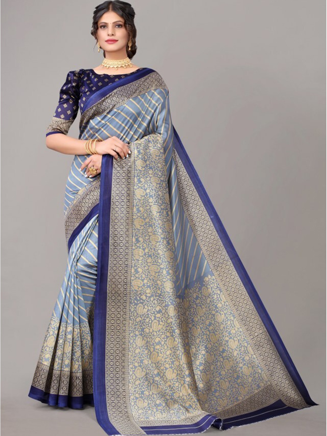 

Yashika Grey & Blue Ethnic Motifs Printed Art Silk Saree