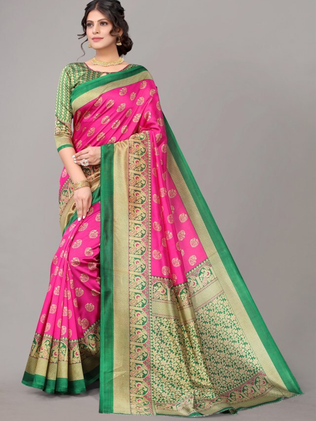 

Yashika Pink & Green Ethnic Motifs Art Silk Saree