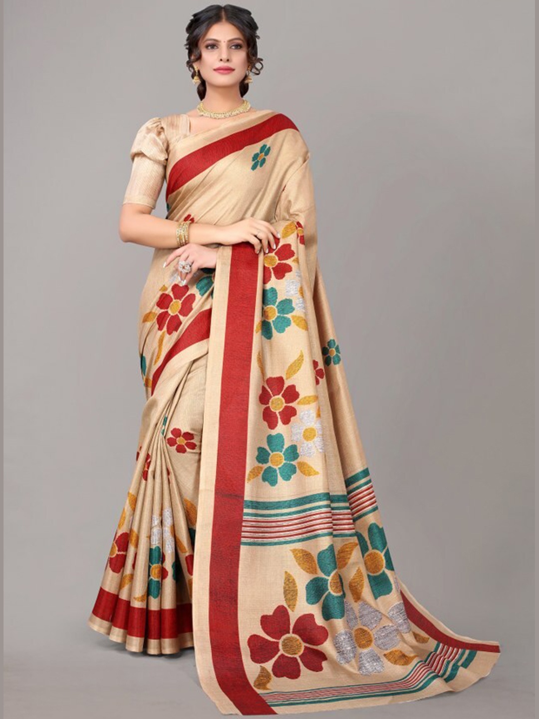 

Yashika Cream-Coloured & Blue Ethnic Motifs Art Silk Khadi Saree